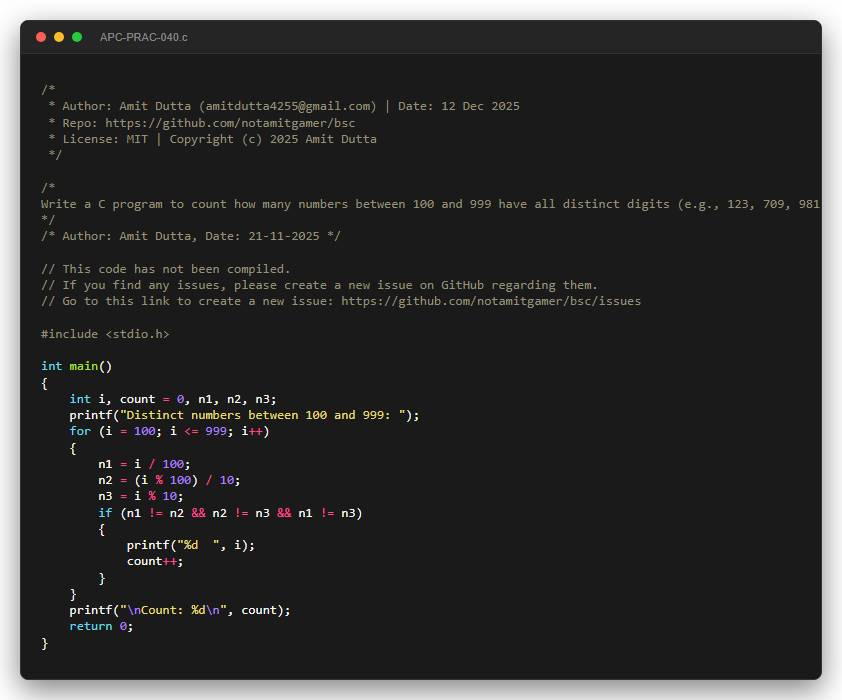 Write a C program to count how many numbers between 100 and 999 have all distinct digits (e.g., 123, 709, 981).